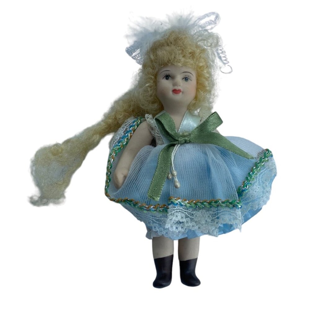Vtg Victorian Porcelain 5"‎ Long Hair Blonde Doll Jointed